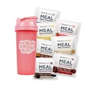 TransformHQ Maaltijd Vervanging Shake Variety Box met Pink Shaker, 7 Single-Serving Shake Packs