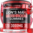 Lions Mane Gummies Sugar Free – 120 Gummies for Clarity & Brain Nutrition Support - Lion's Mane Mushroom 3000mg with Ashwagandha & L-Theanine – Brain & Mood Supplement – Focus, Memory, Calm