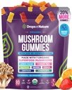 Drops Of Nature Lions Mane & Ashwagandha Gummies – Turkey Tail, Maitake, Reishi, Chaga, Shiitake, Cordyceps – Organic, Low Carb Superfood Gummies – 8 in 1 Mushroom Blend (Mixed Fruit, 80 Gummy Bears)