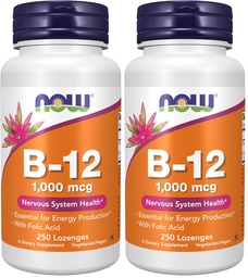 NOW Foods Supplements, Vitamin B-12 1,000 mcg with Folic Acid, Nervous System Health*, 250 Chewable Lozenges, (Pack of 2)