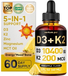 Venture Pal 5-in-1 Vitamine D3 10000 IE & K2 als MK-7 200 mcg met Magnesium, MCT-olie, zink, suikervrije vitamine D vloeibaar en gespeende absorptie voor bot, Mood & Immune Health - 2 FL OZ, 66 dagen
