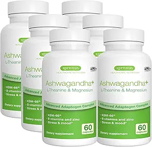 Igennus hoge sterkte Ashwagandha Stress Relief Complex, L-Theanine & Magnesium & KSM-66 Root Extract Adaptogenen, Gemethyleerde B-vitaminen, Kalm & Slaapondersteuning, Clean Label, 360 Vegan Capsules
