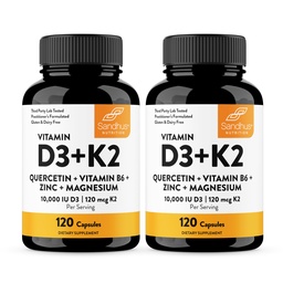 Sandhu's Vitamin D3 K2 Magnesium 10000 IU, 120mcg K2 Capsules 120 Count (Pack of 2) | with VIT B6, Zinc & Quercetin | D3K2 Supports Superior Absorption, Energy, Immune, Muscle Health for Men & Women