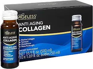 Collagène liquide ultra-antivieillissement sans âge pour les hommes et les femmes, Collagène marin, curcuma, glutathion et Rosa Roxburghii, multivitamines, soin de la peau, hydratant et revitalisant Formule - 50 ml (10 Compte)