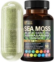 Sea Moss Capsules with Ashwagandha, Turmeric, Bladderwrack, Vitamins C & D for Natural Energy, Sleep Support & Hair Growth, 1200mg Herbal Blend, for Man & Women, Third-Party Tested，16-in-1 Supplement