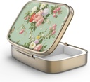Pill Case Pill Box met Mirror Retro 2 Compartiment Kleine pil Case voor Purse of Pocket Bronze Rechthoekige pil Box of vitamines, Visolie, Supplementen, Pill Bevat reizen geschenken(Retro Green Floral)