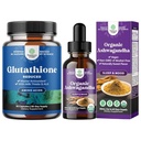 Bundle of Reduced Glutathione Supplement with Milk Thistle - 500 mg per Serving Pure L Glutathione - Alpha Lipoic Acid and USDA Organic Ashwagandha Liquid Drops for Stress & Mood Herbal Tinctures
