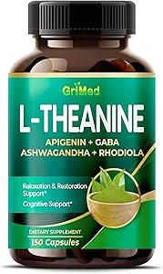 GriMed L-Theanine 11 900mg- X10 Puissance avec Apigenin, GABA Ashwagandha, Rhodiola - Relaxation et restauration Focus et mémoire - Fabriqué aux États-Unis (150 Nombre (paquet de 1))