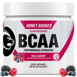 Honey Badger BCAA + EAA Amino Acids Powder, BCAAs + L-Glutamine, Keto, Vegan, Sugar Free for Men & Women, Hydration & Post Workout Muscle Recovery Drink Mix, Wild Berry, 30 Servings