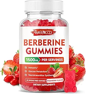 2 Pack Gommies Berberine avec Ceylan Cinnamon 1500mg Supplément Berberine HCL haute puissance pour le soutien immunitaire, sans sucre, végétalien, fraise, 120 comte