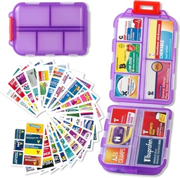 Pillen Organisator met Medicine Labels Reizen Dagelijkse Pillen Container Mini Medicatie Organisator Opslag Pillen Organisator Travel Essentials Pill Case 7 Day (Purple& 161 Lables)