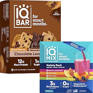 IQBAR Brain and Body Keto Protein Bars - 12 Count Chocolate Lovers Variety Low Carb, Vegan Bars & IQMIX Sugar Free Electrolyte Powder Packets - 8 Count Sampler Pack Keto Electrolytes met Lions Mane