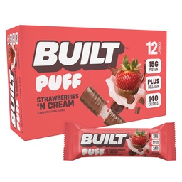 BUILT Bar Puff Protein Bars - Strawberries 'N Cream - 15g Protein Snack Bars with Collagen - Calorie Conscious & Gluten Free - 12 Count