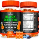 Black Seed Oil Gummies 500mg with Ashwagandha & Apple Cider Vinegar - Immune & Wellness Support Supplement with Vitamin C, Biotin, Turmeric - 60 Organic Gummy Bears for Hair & Skin