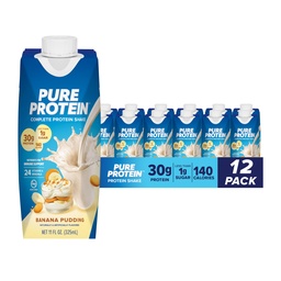 Pure Protein Complete Protein Shake, Banana Pudding, 30g High Protein Drink, Less than 1g Sugar, 3g Fiber, Ready to Drink, Non GMO, On-the-Go Shakes, 11oz Bottles, 12 Pack