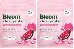 Bloom Clear Protein, Whey Protein Isolate with Collagen Peptides and Digestive Enzymes, 20g Protein, Sugar Free Post Workout Drink Mix, 90 Calories, Strawberry Watermelon, 10 Servings (Pack of 2)