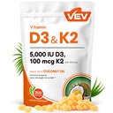 VEV Corefeel Vitamine D3 K2, 5000 UI D3 100mcg K2 (MK 7), 300 Softgels, supplément 2-en-1 Vitamine D & K avec huile de coco, soutient l'absorption de calcium et la santé des os, facile à avaler