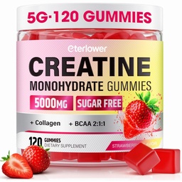 Creatine Gummies, Creatine Monohydrate Gummies for Men & Women with Collagen, BCAA, Pre & Post-Workout for Muscle Growth, Energy Support, Zero Sugar, Non-GMO, Strawberry Flavor