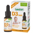 Land Art - Certified Organic Vitamine D3 Drops Baby – 400 UI par goutte – 490 portions – soutient le développement des os et des dents – gouttes de vitamine D pour nourrissons et tout-petits – sans OGM – sans gluten – 0,45 fl oz