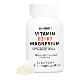 Vitamin D3 K2 5000 IU 60 Softgels with Magnesium Supplement - & 120mcg MK-7 K2 for Bone Health & Immune Support - Non-GMO & Gluten-Free Softgels with MCT Oil
