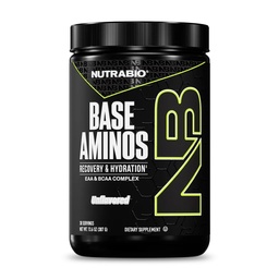 NutraBio Base Aminos EAA + BCAA Powder –10g Essential Amino Acids Supplement, 6g 2:1:1 BCAAs, 2.8g Hydration Matrix with Electrolytes & Absorption Enhancer AstraGin® – 30 Servings- Unflavored