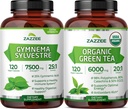 Zazzee Organic Green Tea & Gymnema Sylvestre Extract Capsules | Herbal GlucoMetabolism Balance Support Bundle (120 Servings Each)