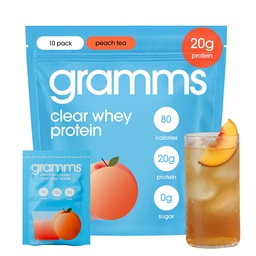 GRAMMS Clear Protein Powder Packets 20G Protein for Women & Men | Lactose Free, Grass-Fed Whey Isolate, Gluten Free, Zero Sugar, Gut Friendly, Non-Bloating (10 Servings) Peach Tea