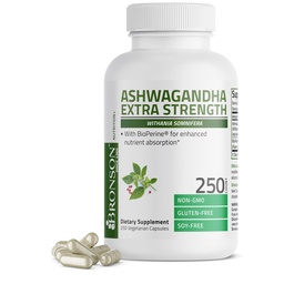 Bronson Ashwagandha Extra Strength Stress & Mood Support with BioPerine - Non GMO Formula, 250 Vegetarian Capsules