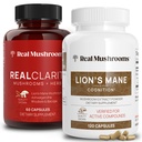 Real Paddestoelen RealClarity (60ct) en Lions Mane (120ct) Capsules Bundel - Mushroom Supplement voor hersenen gezondheid, geestelijke helderheid, focus, cognitie en immuunondersteuning - Hersenvitaminen w/Ashwagandha