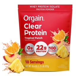 Orgain Clear Whey Isolate Protein Powder, Tropical Punch, 22g Protein, 0g Sugar, Suitable for Lactose Intolerance, No Artificial Color, No Anti-Foaming Agent, No Soy Ingredients, 10.1oz., 18 Servings