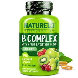 NATURELO Vitamin B Complex, 240 Capsules, Vegan, CoQ10, Methyl Folate, Biotin, Fruit & Veg Blend, Supports Energy and Healthy Stress Response, Super B Complex Vitamins for Women and Men