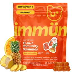 Grüns Immun Sugar Free Immunity Gummies with Vitamin C, Zinc, MCT Oil, & Turmeric - Daily Immune Support Supplement for Adults - Sour Pineapple Flavor (28 Count)