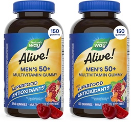 Nature's Way Alive! Men’s 50+ Daily Gummy Multivitamins, Supports Healthy Brain, Eyes, Heart*, B-Vitamins, Gluten-Free, Fruit Flavored, 150 Gummies (Packaging May Vary), (Pack of 2)