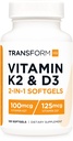 TransformHQ Vitamine K2 (MK7) (100mcg) + Vitamine D3 (5000 IE) 120 Softgels - Glutenvrij en niet-GMO