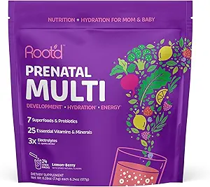 Root'd Prenatale Multivitamine Poeder - 25 Vitaminen & Mineraal met 3x Elektrolyten, Folaat, IJzer, D3 voor Mom & Baby, 7 Superfood & Probiotica, Suikervrije Vitaminen & Hydratatie 30 Vitamine Drink Packets