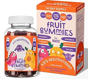 Naked Nutrition Kids Vitamine Gummies, Made in USA, GGO-vrij, Glutenvrij, Gelatinevrij, Veganistisch, Kids Vitaminen A, C, D, E, B6, B12, Zink, 3 Fruitsmaken, 30 dagen levering