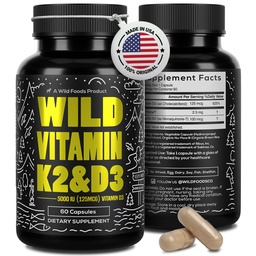 Wild Foods 5000iu Vitamin D3 + K2 | (100mcg Mk7) with Black Pepper Extract, Plant-Based, Non-GMO, Soy & Gluten-Free | Dietary Supplement | Made in USA | 60 Caps (Pack of 2)