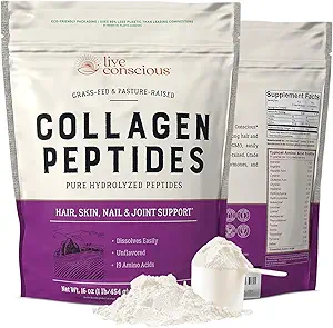 Live Conscious Collages Peptides Powder Unflavored Packets-Hydrolyzed Collages Powder-Hair, Skin, Nail, & Joint Support-Type I & III Grass-Fed Collages Supplements for Women and Men - Pack of 20 (2Pk)
