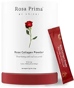 Unichi Rose Collageen Peptides Powder, Gehydrolyseerd Marine Collageen Type I, III met Vitaminen A, C, E in Rose Petal Powder for Hair, Nails and Skin Health, 0 Suiker, 0 Vet, Rose Petal Flavour, 30 Servers