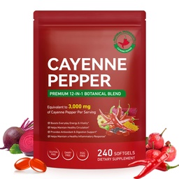 Cayenne Pepper Softgels Supplement, Rich in Vitamin E D3+K2 and Extracts of Grape Seed, Hawthorn, Beetroot and Others, Supports Leg Vein, Heart and Blood Vessel Health- 240 Softgels/1 Pack