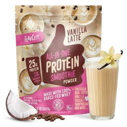 FlavCity Grass Fed Wei Proteïne Poeder - Vanille Latte - 25g Proteïne, 10g Collageen & 60mg Cafeïne - Gemaakt met Real Vanille Bean & Organic Coconut - Glutenvrij & No Added Sugars (20 Servings)