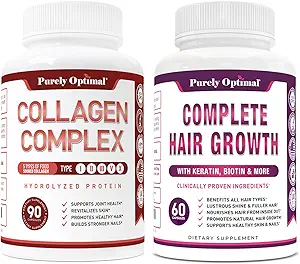 Puur Optimale Premium Multi Collageen Peptides Capsules (Types I, II, III, V, X) + Premium Hair Growth for Women & Men - Hair Growth Vitamines w/Biotine & Keratine