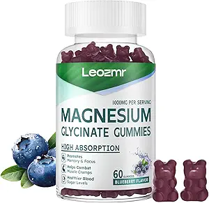 Magnesium Glycinate Gummies 1000mg - Suikervrij Magnesium Kalium Supplement met Vitamine D, B6, CoQ10 voor Kalm Mood & Slaap Ondersteuning - 60 Blueberry Gummies