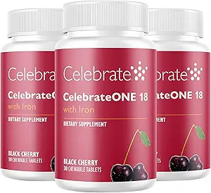 Vier vitamines CelebrateONE 18 Kauwtabletten, 18mg ijzer - Eenmaal daags Bariatrische multivitamine, essentiële vitaminen en mineralen - Gastric Bypass & Sleeve Gastrectomie Supplement - Zwarte kers (90 tabletten)