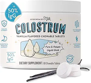 Legendairy Milk Colostrum Supplement - Premium Bovine Colostrum for Humans - 50% IgG Immunoglobuline for Immune Support & Gut Health - Energy & Muscle Recovery - Vanille kauwtabletten, 30 porties