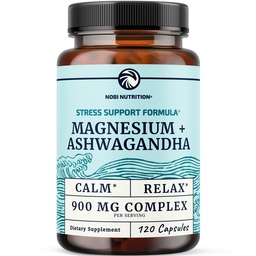 Magnésium Ashwagandha , Supplément de magnésium calmant pour les adultes , Relax , Repos , Calme de l'humeur et soutien du sommeil , Mag Citrate & Oxide 400 mg + Ashwagandha 500 mg , Santé musculaire et soulagement du stress , 120 Ct