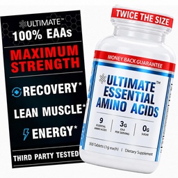 Ultimate Essential Amino Acids Supplement for Cutting, Fasting & Workouts, All 9 EAAs, 3000mg, 40% Leucine, 4:1:1 BCAA Ratio, Binder-Free with Organic Coating, Vegan, Keto, Non-GMO, 300 Tablets