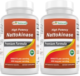 Best Naturals High Potency Nattokinase 4000 FU Per Serving/ 200 mg per Serving, 240 Vegetarain Capsules. Non-GMO, Gluten Free. (Pack of 2)