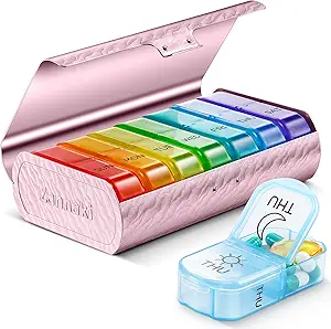 Zannaki Metal XL Weekly Pill Organizer 2 fois par jour, grand voyage quotidien Pill Box 7 jour, portable deux semaines porte-pilule conteneur, AM PM Pill Case pour médecine supplément de vitamine médicaments, rose