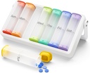 Organisateur hebdomadaire de pilules 2 fois par jour, KOVIUU Grande boîte de pilules de voyage 7 jours, Am Pm deux fois par jour cas de pilule avec poignée rotative, contenant de support de pilule pour la vitamine, médecine, supplément, translucide-blanc